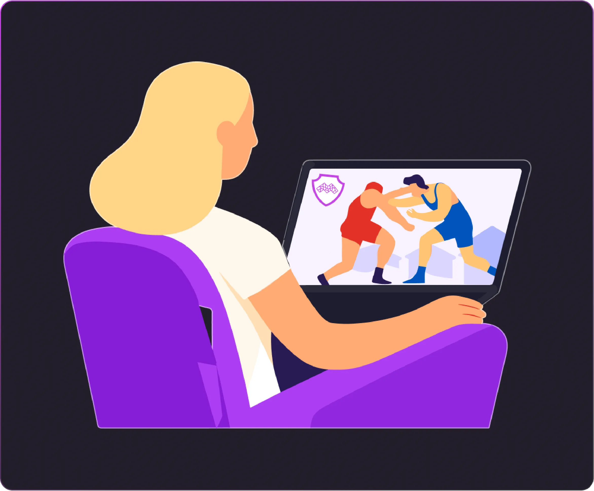 Illustration of a woman sitting in a purple chair, watching two wrestlers compete on a laptop screen — one in a red outfit and the other in blue.